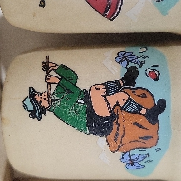 Vintage Six Pottery Shot Glasses Mugs Scenes of Jungs and Madels W Germany - Picture 2 of 9